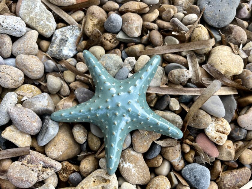 Etoile de mer décorative artisanale bleu en céramique grès blanc posé sur la plage