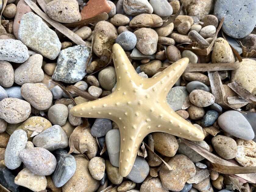 Etoile de mer décorative artisanale jaune en céramique grès blanc posé sur la plage