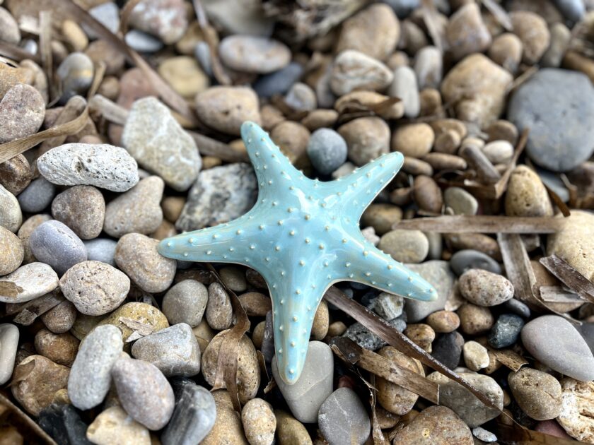 Etoile de mer décorative artisanale vert d'eau en céramique grès blanc posé sur la plage